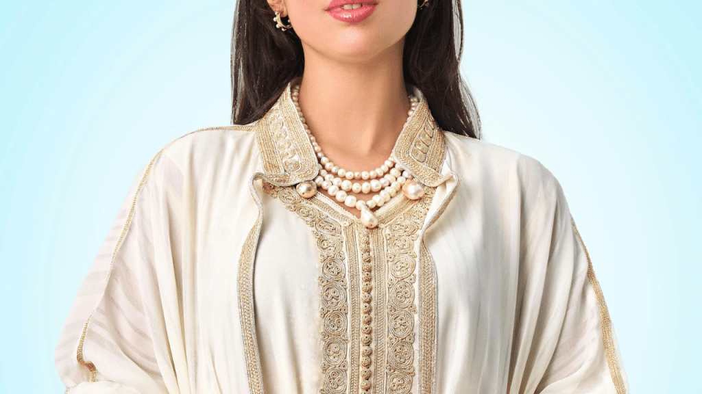 A Moroccan woman wearing a 100% Moroccan kaftan